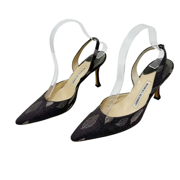 Manolo Blahnik Vintage Slingback Kitten Heels 37.5 Brown Fabric Pointed Toe - Image 5