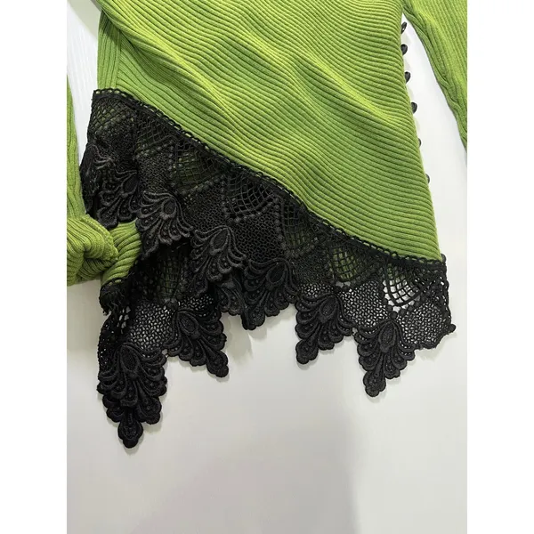 Melony New York Green Ribbed Knit Top -‎ Lace Trim - Flawed/TLC Fine Merino Wool - Image 7