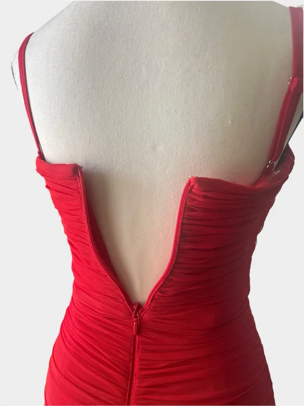 Dress the Population Ferra Rouge Red Ruched Midi Dress XS Strapless - Image 6