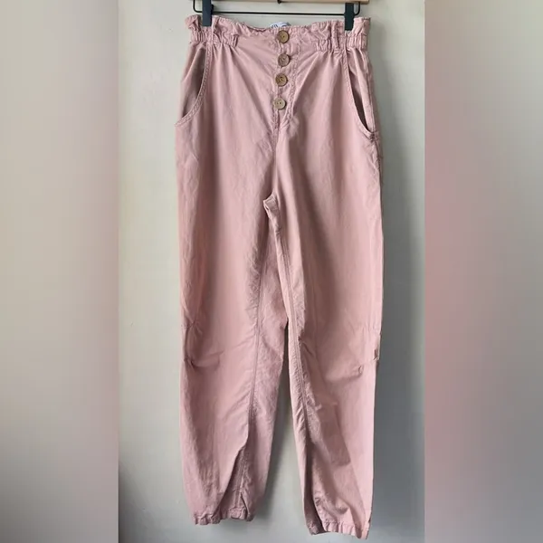 Zara Women's Baggy Rustic Paperbag Lightweight Pants Dusty Pink Button Fly Sz 2 - Image 2