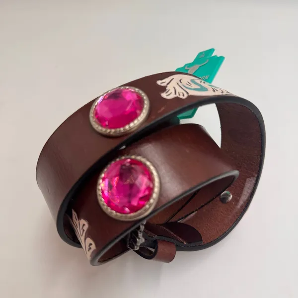 American Bison Large Brown Leather Western Belt Pink Conchos Floral Accent NWT - Image 2