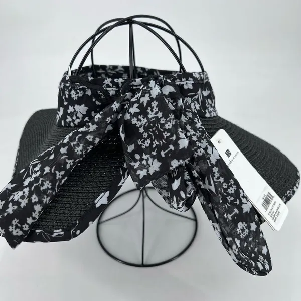Laundry By Design Packable Wide Brim‎ Visor Hat Black Floral Trim Travel NWT - Image 3