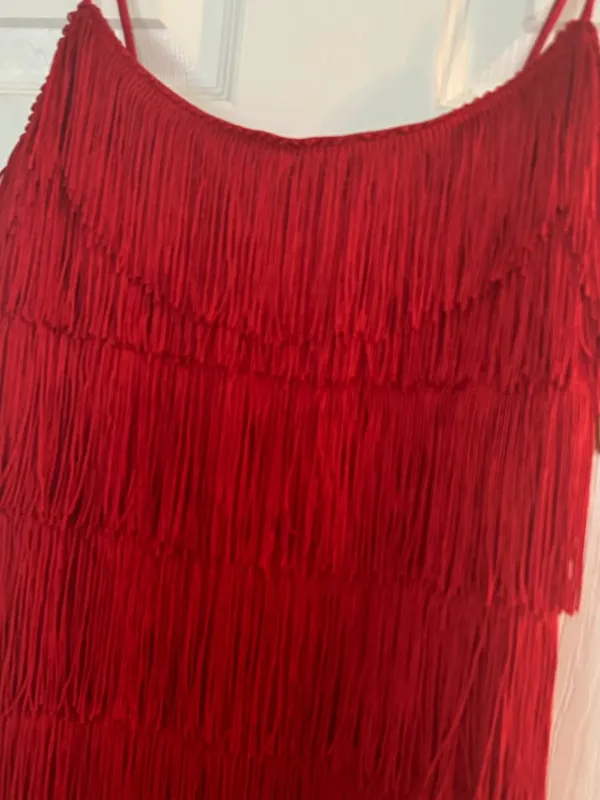 Vintage 90s Rare Roberta Red Fringe Flapper Mini Dress Size Small Cocktail - Image 10
