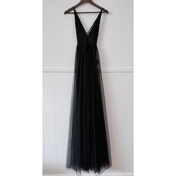 Black Tulle Maxi Dress Plunge Halter Open Back Slit Prom Evening Luxxel S NWT - Image 3
