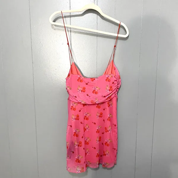 NEW Urban Outfitters Pink Cherry Mesh Summer Bright Side Lace-up Mini Dress M - Image 7