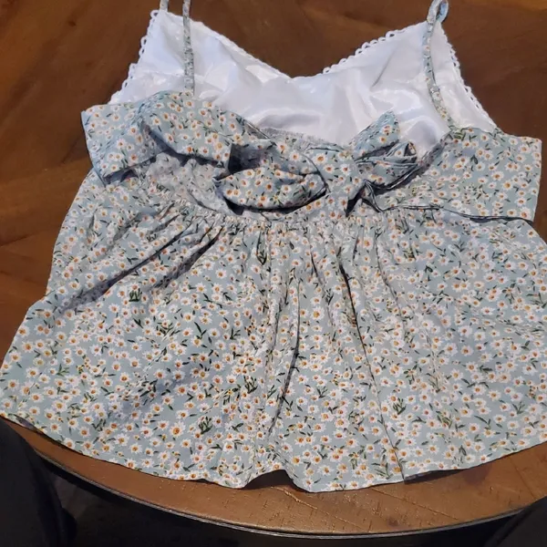 Elegant White Lace Floral Blouse Blue Size L - Image 3