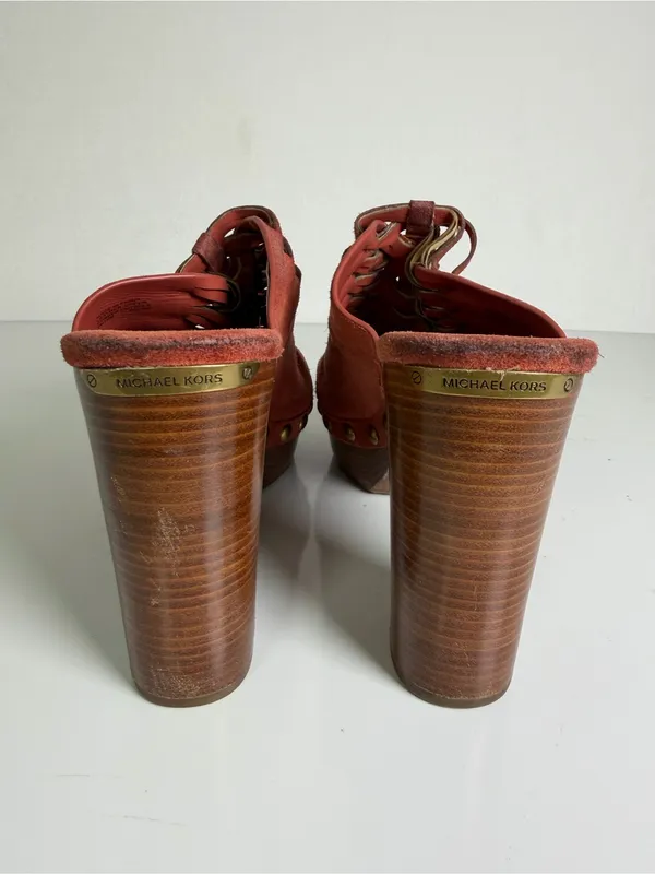Michael Kors Women’s Sz 9 Rust Suede Woven Studded Platform Clog Heel Sandals - Image 2