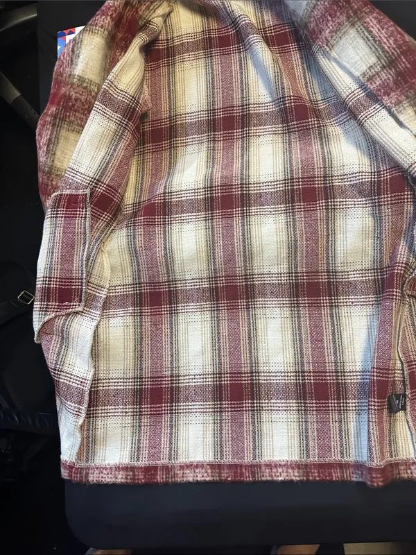 Potter's Pot Plaid Pea Coat in Burgundy and Cream no belt - Image 3