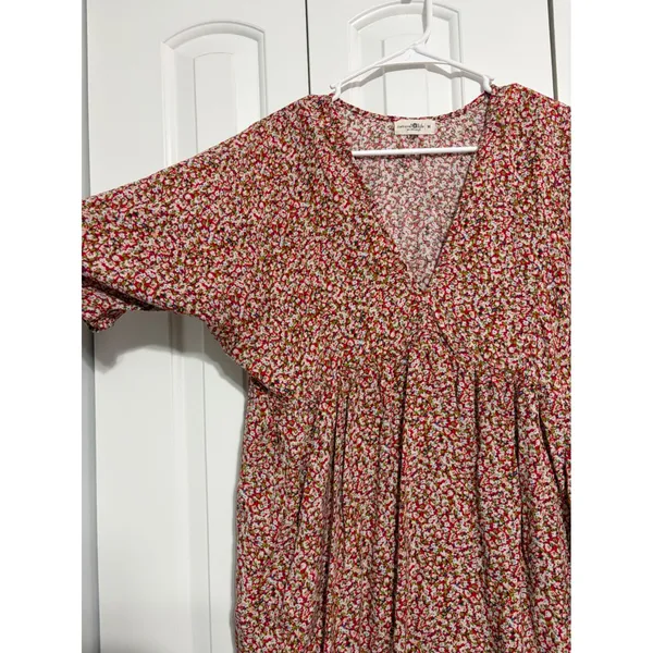 Natural Life Babydoll Mini Dress Floral Red V-Neck Pockets M - Image 5