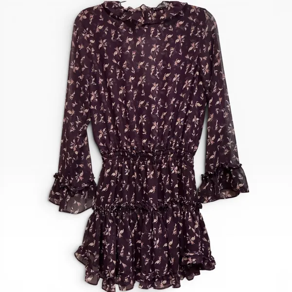 MISA Los Angeles Alina Mini Dress Purple Floral Ruffle Smocked‎ Flirty Small - Image 4