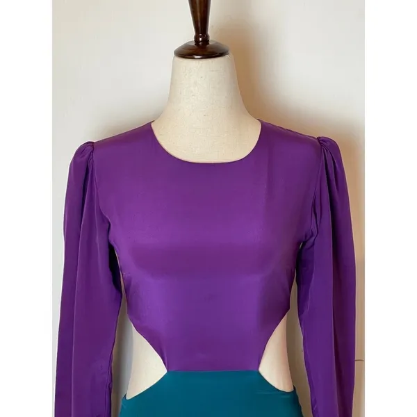 Naven Dress Women Small Purple Turquoise Silk Long Sleeve Cut Out Mini Revolve - Image 6