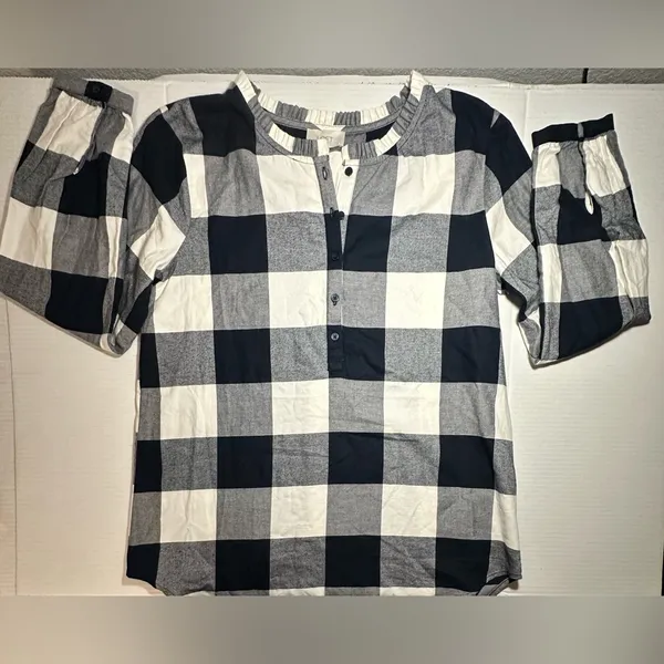 LOFT‎ Buffalo Check Plaid Pullover Shirt Blue White Flannel 1/4 Button Up New M - Image 3