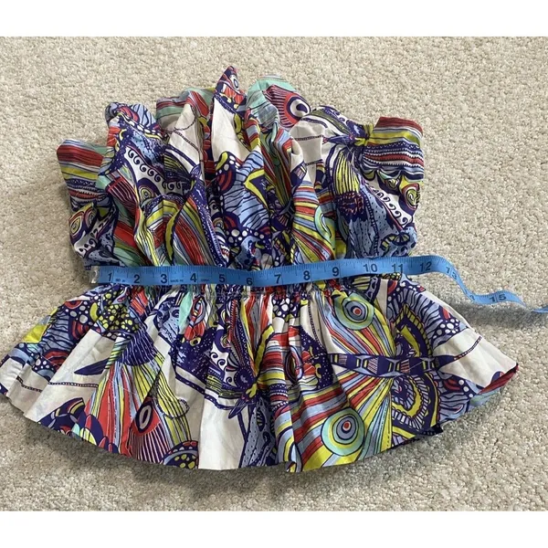 Anthropologie Strapless Smocked Ruffle Blouse Multicolor Cotton Abstract XS - Image 4