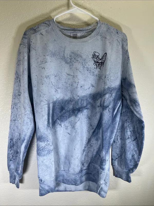 Sphynx Cat with piercings and skull Blue Tie-Dye Crewneck Sweatshirt size Sma - Image 3