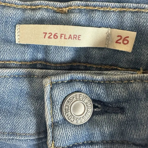Levi's 726 High Rise Flare Jeans Womens 26 Blue Distressed Ripped Denim Stretch - Image 5