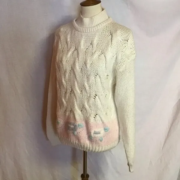 Vintage 80s Hand Knit Turtleneck Sweater | Cream Cable Knit Cottagecore - Image 9