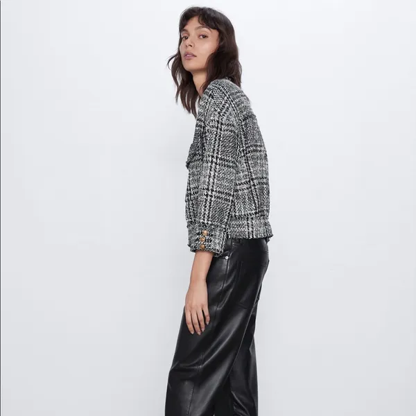 Zara Houndstooth Bomber TWEED Jacket w/ Pockets & Gold Buttons Black/White NEW - Image 4