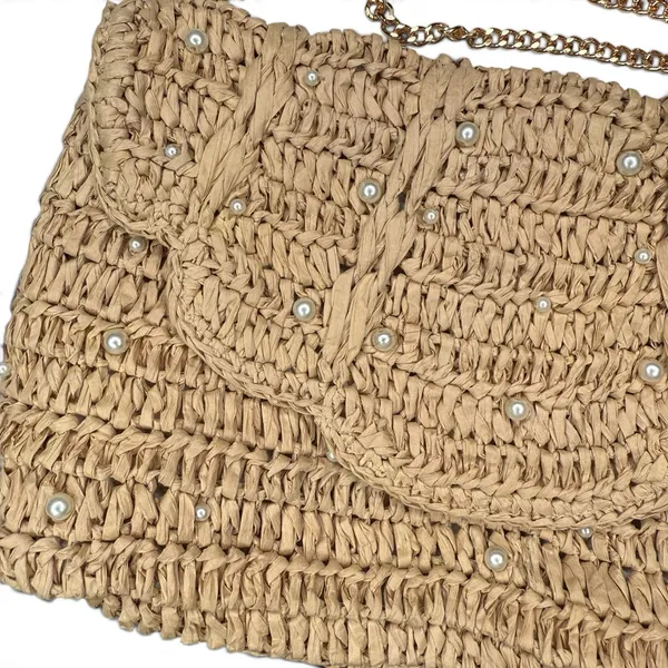NWOT J.Crew Raffia Straw Small 9 x 6" Purse or Clutch Bag Pearls Gold Chain - Image 3