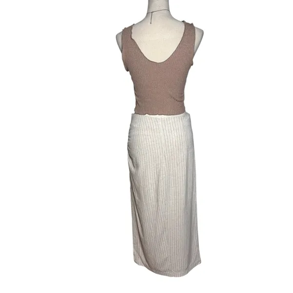 Miou Muse Linen Blend Ruched Midi Skirt M‎ Striped Minimalist Neutral Old Money - Image 2