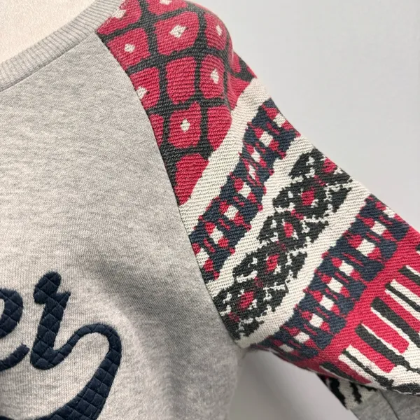Tommy Hilfiger Gray Crewneck Sweatshirt Red Print Sleeves Navy Stitched Logo - Image 3