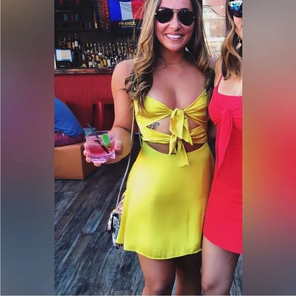 Lovers and friends Nate mini Yellow satin cut out drop waist mini dress - Image 2
