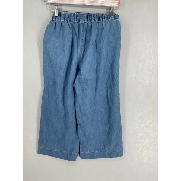 New Look Womens Wide Leg Pants Blue Chambray Elastic Waist Tie Belt Size 4 - Image 3