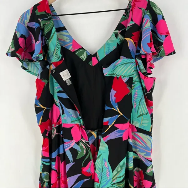 Cupio Tropical Floral Print Chiffon Ruffle Flutter‎ Sleeve V Neck Jumpsuit - Image 12