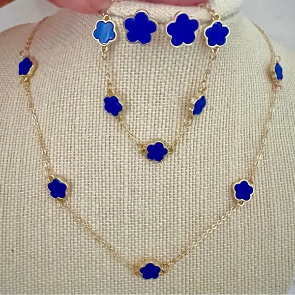 18K Gold Plated blue clover necklace set Jewelry womens - Image 6