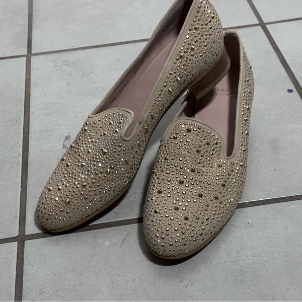 Stuart Weitzman Women Slipbeads Beige Blush Suede Gold Studded Loafer Flats‎ 8.5 - Image 6