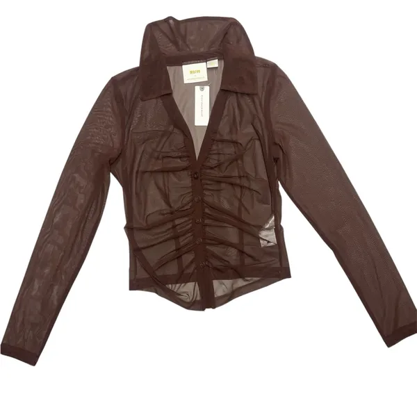 NWT Maeve by Anthropologie Brown Sheer Ruched Buttondown Blouse Women’s Size:S - Image 3