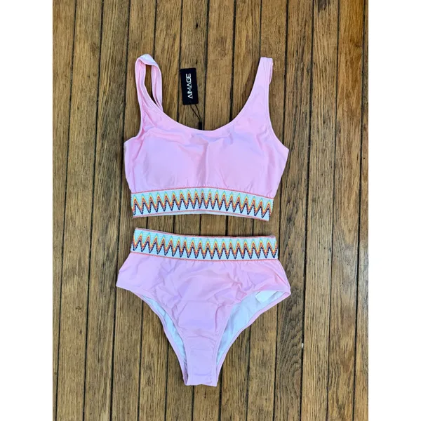Aimage Pink High Waist Bikini Set‎ Two Piece Swimsuit Cute Swimwear Size M - Image 6