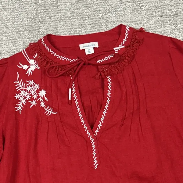 Sundance Blouse Womens XS Linen Embroidered Peasant Boho Top Red Oversized - Image 5