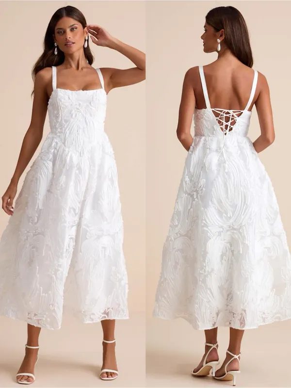 LULU’S Perkins White Textured Lace-Up Corset Midi Dress - Image 2
