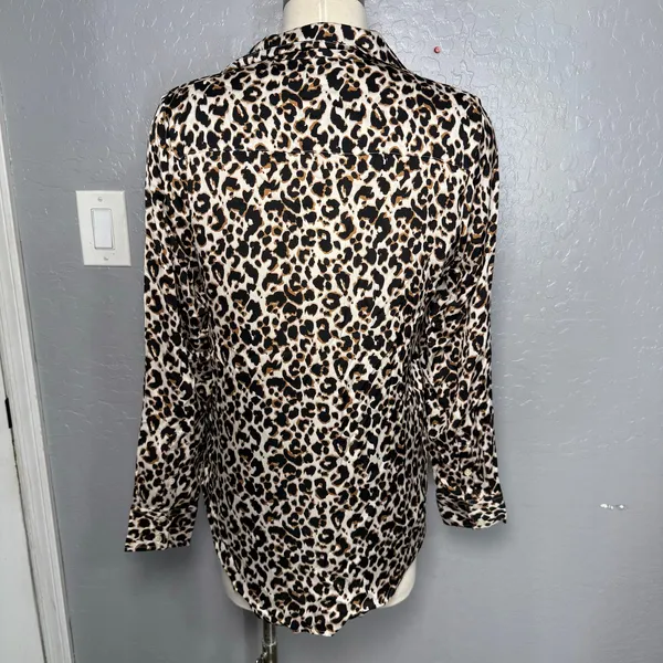 Quince Washable Stretch Silk Notch Collar Blouse, Leopard, M - Image 3