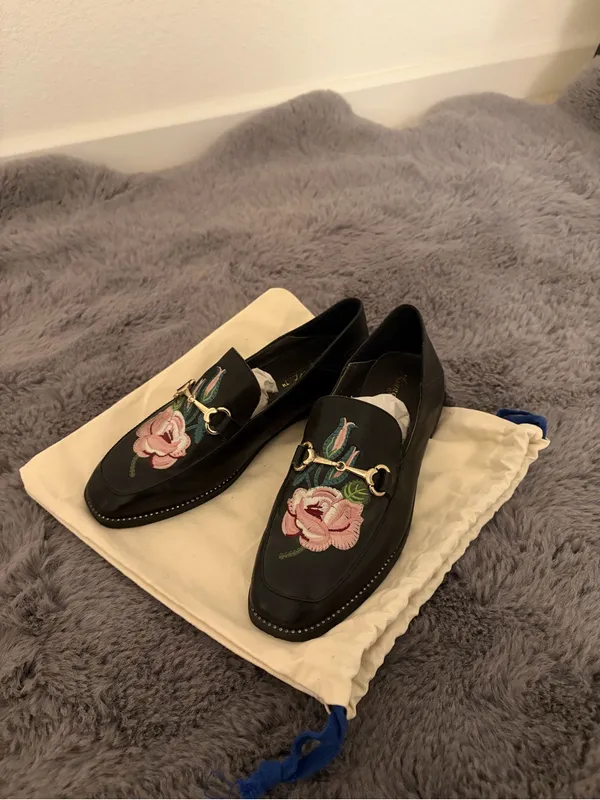 Black Leather Floral Embroidered Slip-On Loafers - Image 3