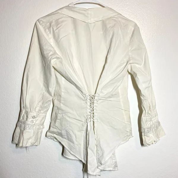 Scully Button Up Shirt Bell Sleeve Lace Trim Collarless Cinch Back White Medium - Image 6