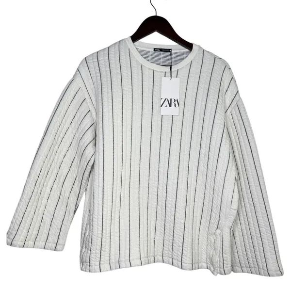 NWT Zara Boxy Oversized Striped Soft Quilted Long Sleeve Sweater M White Black - Image 12