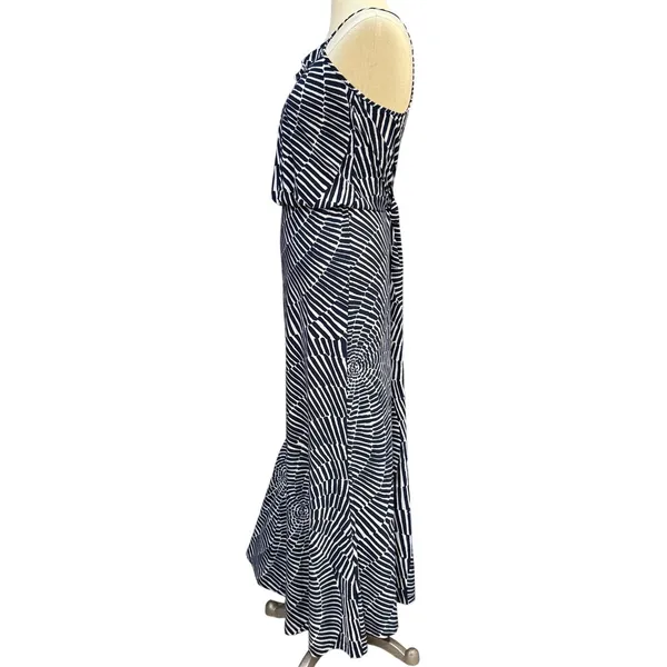 Nine West 6 Geometric Print Ruffle Neck Maxi Dress Navy White Sleeveless Summer - Image 3