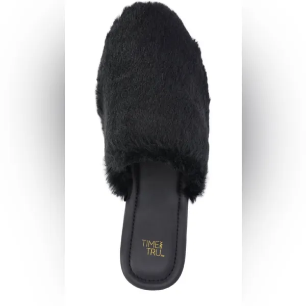 TIME and TRU Womens Black Slippers Size 8 Faux Fur Mules Slip On Comfort New - Image 5