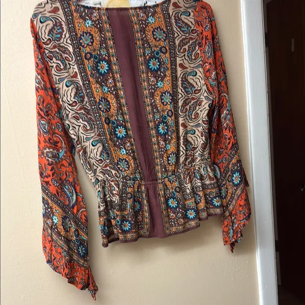 Free People Wrap Peplum Blouse in Brown and Orange Long Flared Sleeves - Image 7