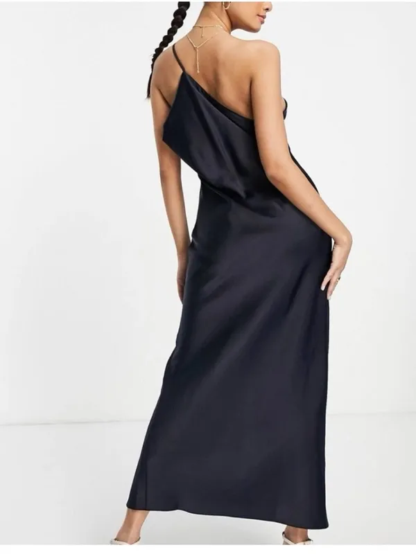 ASOS Navy One Shoulder Satin Midi Dress Side Slit Drape Back Elegant Evening 4 - Image 2