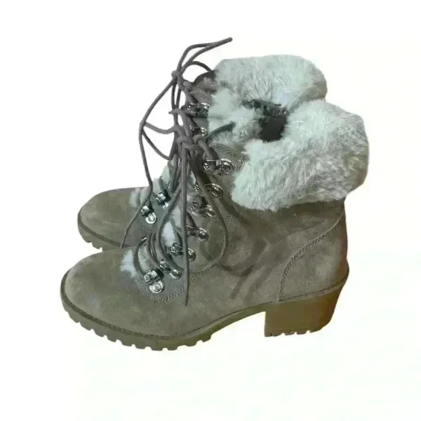 Madden Girl Lace Up Tan Chunky Boots Fur Trim Size 7 Side Zip Hiking 90s Neutral - Image 3