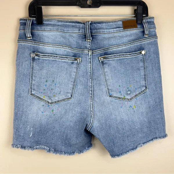 Women’s Judy Blue Denim Frayed Paint Splash Shorts Size L - Image 8