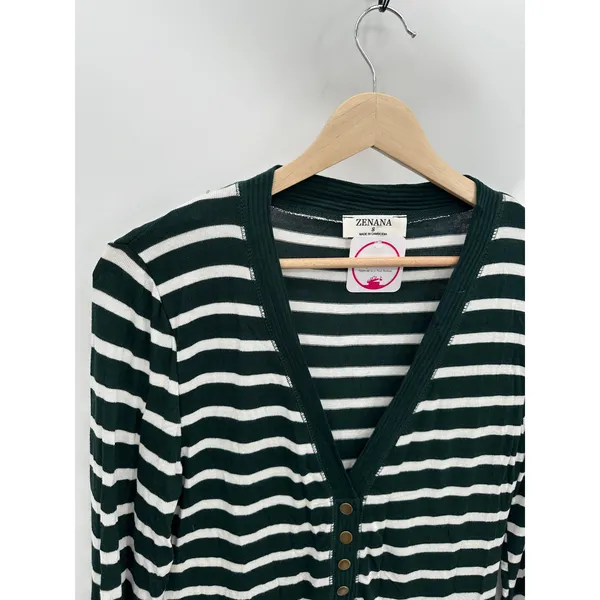 Zenana Green White‎ Striped Button Down V Neck Cardigan Top Womens Small NWT - Image 4