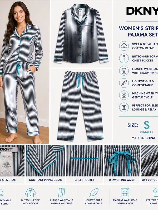 DKNY Women's Striped Cotton Pajama Set Small - Image 2