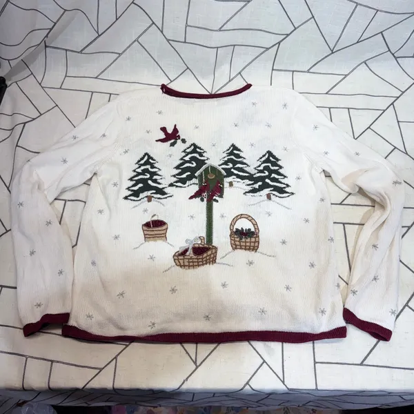 Christopher & Banks Sweater Small White Winter Cardinal‎ Hand Embroidered 2003 - Image 7