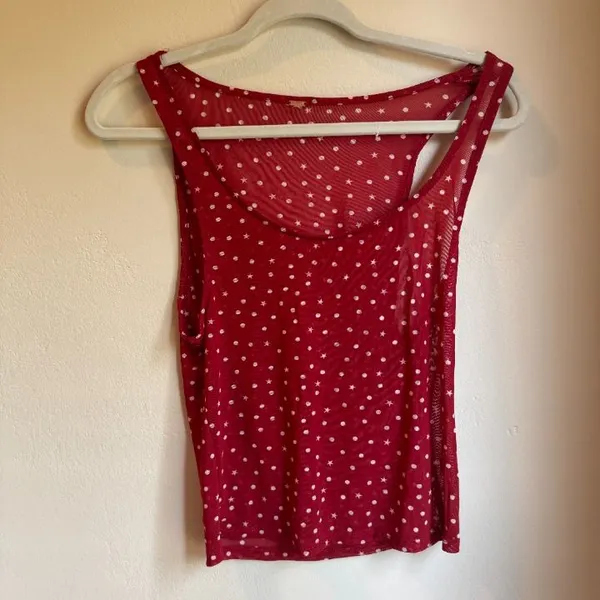 Free People Twosie for One Cardigan Med Red White Polka Dot Stars Semi Sheer - Image 6