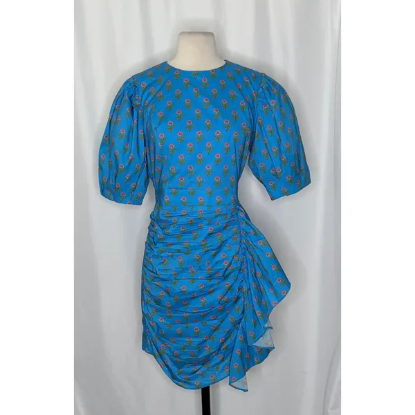 AUREUM Ruched Sash Blue Floral Mini Dress Puff Sleeves Ruching Ruffle Small - Image 2