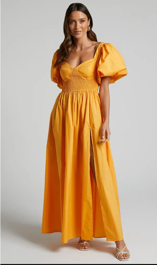 Showpo Raiza Shirred Waist Puff Sleeve Midi Dress in MARIGOLD 2 NWT - Image 2