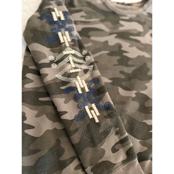 Max Jeans Camo Embroidered Sleeve Sweatshirt XS Green Gray Fleece Pullover - Image 5